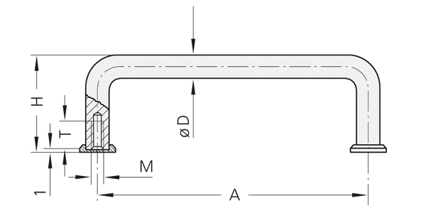 Technische Zeichnung eines gebogenen Bügelgriffs aus Rundstahl mit Schnittdarstellung der Befestigung am linken Ende