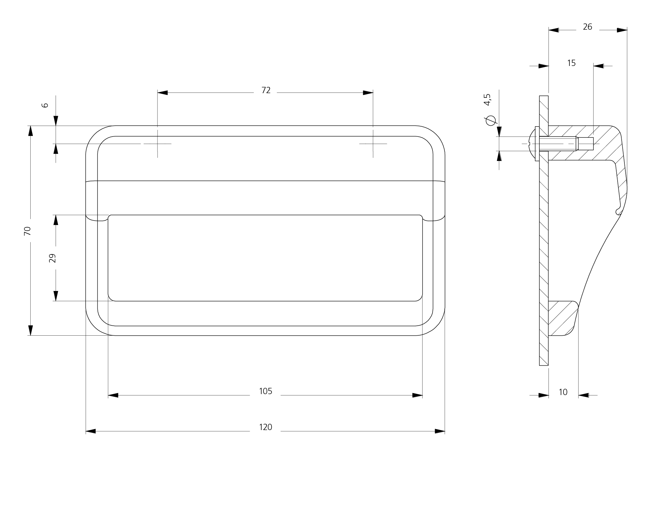 Technical drawing of KM-70 ergonomic handle showing front, side, and top views with detailed dimensions and mounting hole specifications
