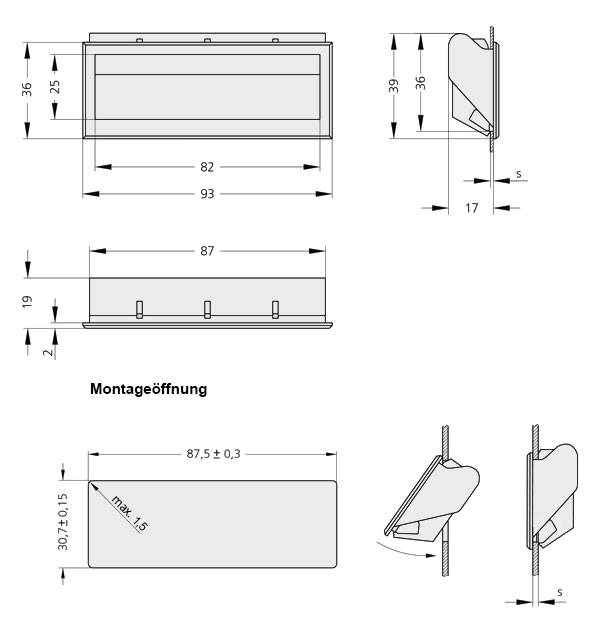 Technical drawing showing front, side, and top views of a flush inset handle KM-36 with detailed dimensions and mounting specifications.