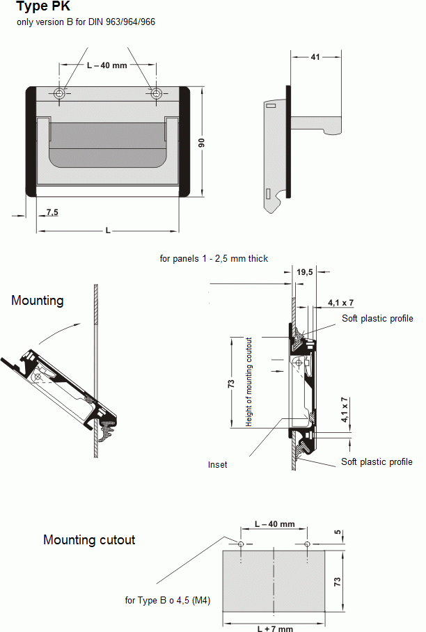 Technical blueprint of collapsible tray handle Type PK with front and side views, mounting instructions, and detailed dimensional measurements.