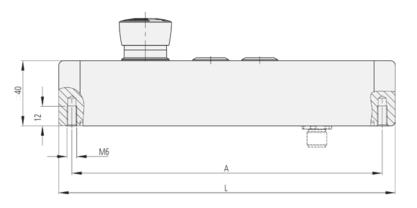 Side view technical drawing of TG-R switch housing with screw attachment and cross sectional end views