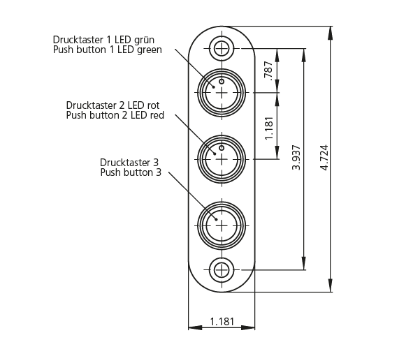 Technical drawing showing front view of TG1 switch housing with three push buttons arranged vertically with labeled dimensions and LED colors