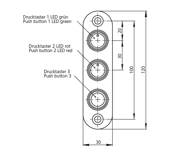 Technical drawing showing front view of a TG1 switch housing with three push buttons vertically aligned, labeled with green and red LEDs, and measurements in millimeters.
