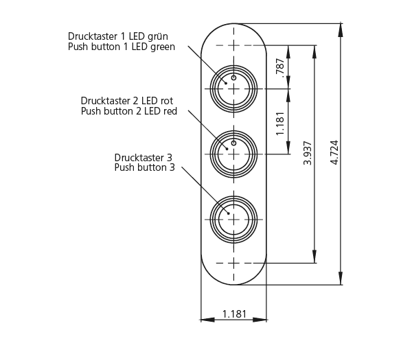 Technical drawing of TG1 switch housing version R with three vertically arranged push buttons labeled with LED colors and dimensions in inches.