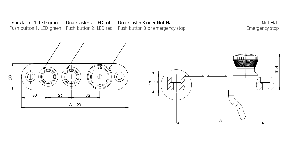 Technical drawing of the TG1S flat switch housing, front and side views, showing push buttons with green and red LEDs and an emergency stop button, including detailed dimensional annotations.