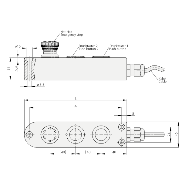 Technical line drawing showing side and top views of the TG4 switch housing made of aluminum with rotary knob and attached connection cable.