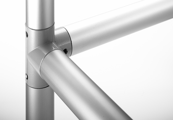 Silver metallic right-angle T-joint tube connector connecting three cylindrical tubes