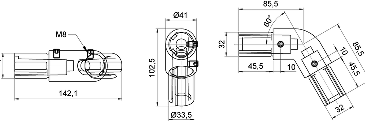 Technical line drawing of a Winkel-Verbinder tube connector with 60 degree and 120 degree angles, showing front, top, and side views with precise measurements in millimeters.