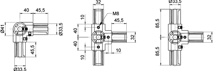 Technical schematic of Winkel-Eck-T-Verbinder tube connector showing front, top, and side views with detailed dimensions and mounting screw locations.
