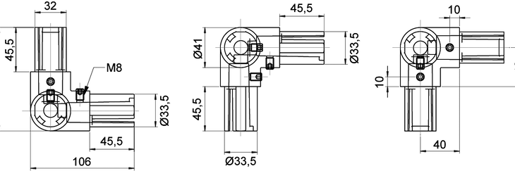 Technical drawing showing front, side, and top views of a right-angle tube connector with dimensions and M8 screw detail.