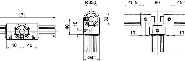 Technical drawing of a 90-degree angled T-shaped tube connector with dimensions and measurements.
