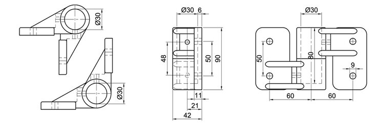 Technical drawing showing three views of a single-shell wall bracket corner connector with detailed dimensions for tube of 30 mm diameter.