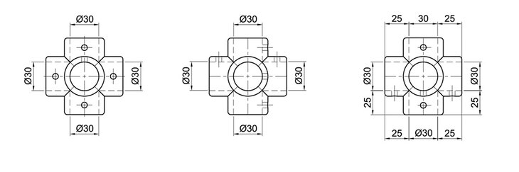 Technical schematic drawings of a 6-way cross tube connector with single layer, showing tube connections of 30 mm diameter and mounting hole placements with measurements.