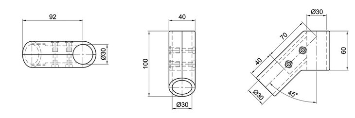 Technical drawing showing three views of a T-shaped tube connector with 45-degree angle, dimensions labeled in millimeters, featuring 30 mm diameter tubes