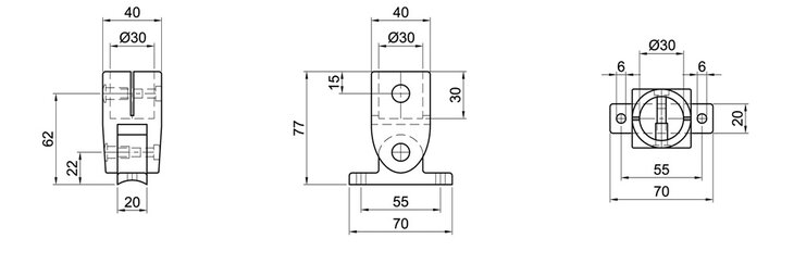 Technical drawing showing front, side, and top views of a single-layer variable floor bearing tube connector with detailed measurements in millimeters.