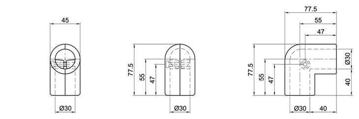 Engineering technical drawing of a 90-degree, two-layer angle tube connector with detailed dimensions and views