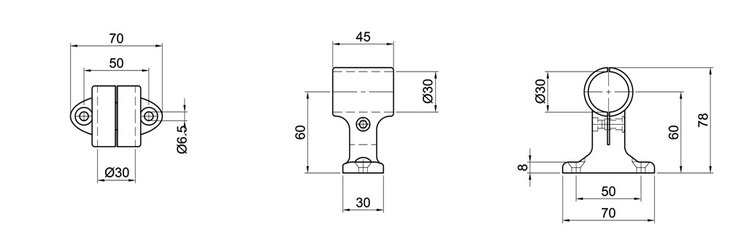 Technical drawing showing front, side, and top views of a Mittelstütze single-shelled tube connector with measurements.