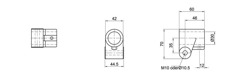 Technical drawing showing front, side, and top views of a single-layer open tube connector with detailed measurements including 70 mm height and 30 mm diameter
