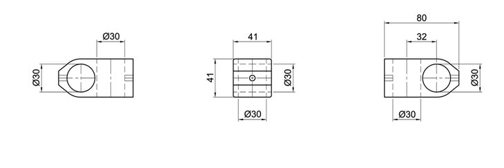 Technical engineering drawing of a single-layer tube cross connector showing front, top, and side views with detailed measurements including 30 mm diameter openings and 80 mm length.