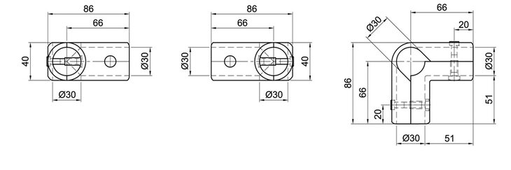 Technical drawing showing three views of a 90-degree open corner tube connector with two layers, including measurements and specifications.