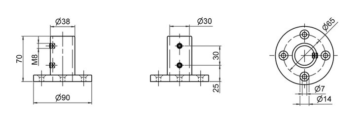Technical drawing showing front, side, and top views of a single-stage floor bearing with all dimensions and hole placements indicated.