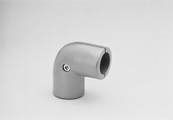 Grey 90-degree angle tube connector with metal screw and two-part design on a plain background