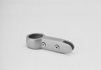 Metal tube connector with circular clamp and two screws on white background