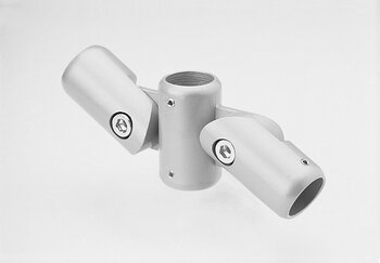 Silver-colored two-tier cross joint connector for tubes with hex socket screws and a central threaded hole