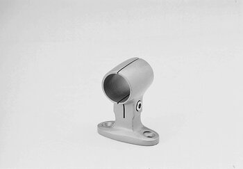 Metallic single-piece tube connector clamp with cylindrical holder and mounting base on plain background