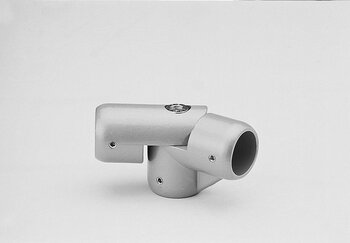 Metal T-joint tube connector with three cylindrical openings and securing screws on a white background