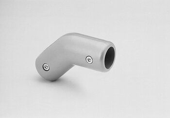 Grey two-layer angled tube connector with 45 and 135 degree angles and two hexagonal screws