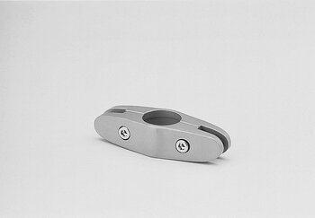 Metallic double glass holder with two clamps and screws on a plain background