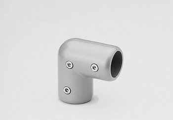Metallic 90-degree elbow tube connector with three screws and two hollow cylindrical ends