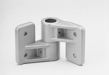 Silver metal corner bracket with two flat mounting plates and a cylindrical tube-sleeve at the right-angle joint