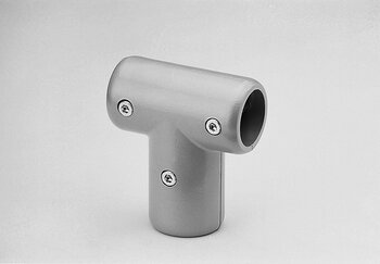 Gray T-shaped tube connector with two horizontal and one vertical openings and three screws