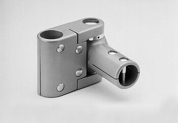 Metal tube connector with hinge mechanism for 35 x 35 mm tubes, allowing a pivot of 90° or 180°, shown on neutral background