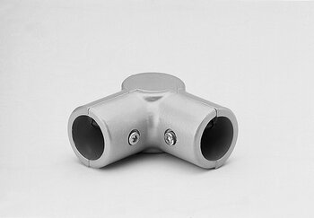 Metal corner tube connector head piece with two cylindrical openings and screws