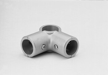 Metallic open corner tube connector with two visible screws, designed for joining three tubes at right angles