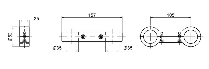 Technical drawing showing three views of a double clamp with two circular openings and detailed dimensions in millimeters