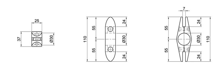 Technical drawing showing front, top, and side views of a double glass holder with dimensions in millimeters.
