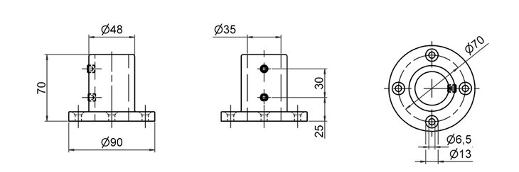 Technical drawing with dimensions of a one-piece floor bearing showing side, front, and top views with diameters and heights marked.