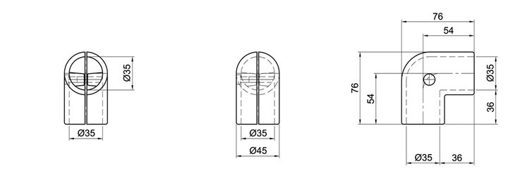 Technical drawing of a 90 degree two-layer elbow connector showing three views with dimensions including diameters and lengths.