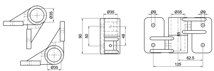 Technical line drawing showing three views of a single-layer wall mount corner bracket, labeled with dimensions including diameter 35 mm for tube fitting and 9 mm mounting holes.