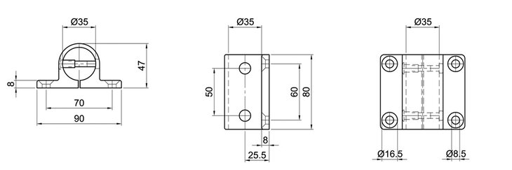 Technical schematic of a single-shell wall bearing tube connector with dimensions and three different orthogonal projection views