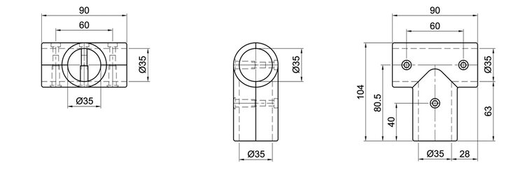 Technical drawing showing front, top, and side views of a two-layer T-shaped tube connector with dimensions in millimeters