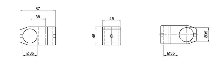 Technical drawing of a single-shell cross tube connector with three orthographic views and dimensions indicating 35 mm diameter and 87 mm length.