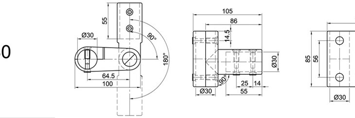 Technical drawing showing dimensions and views of a pendulum bearing tube connector for 35x35 mm tubes, indicating 90° and 180° rotation options