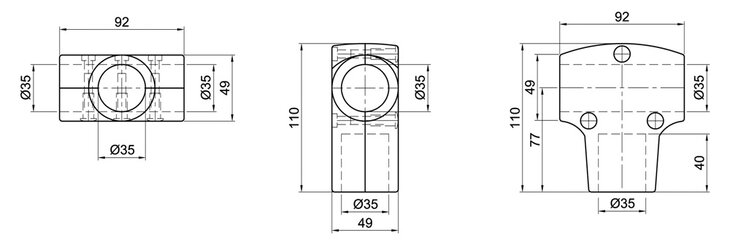 Dimensioned technical drawing of a two-layer T-shaped tube connector showing three views with specified measurements