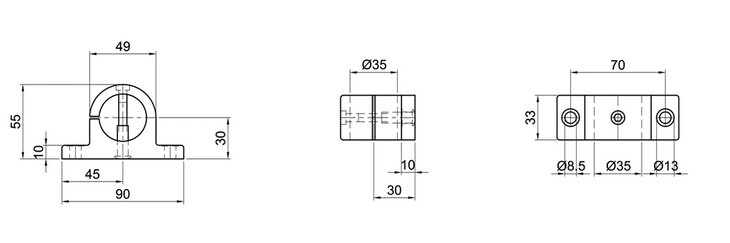 Technical drawing showing front, side, and top views of a single-shell wall mount tube connector with detailed measurements in millimeters.