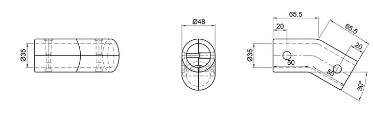 Technical drawing of a 30 degree angled single-layer tube connector with dimensions in three views